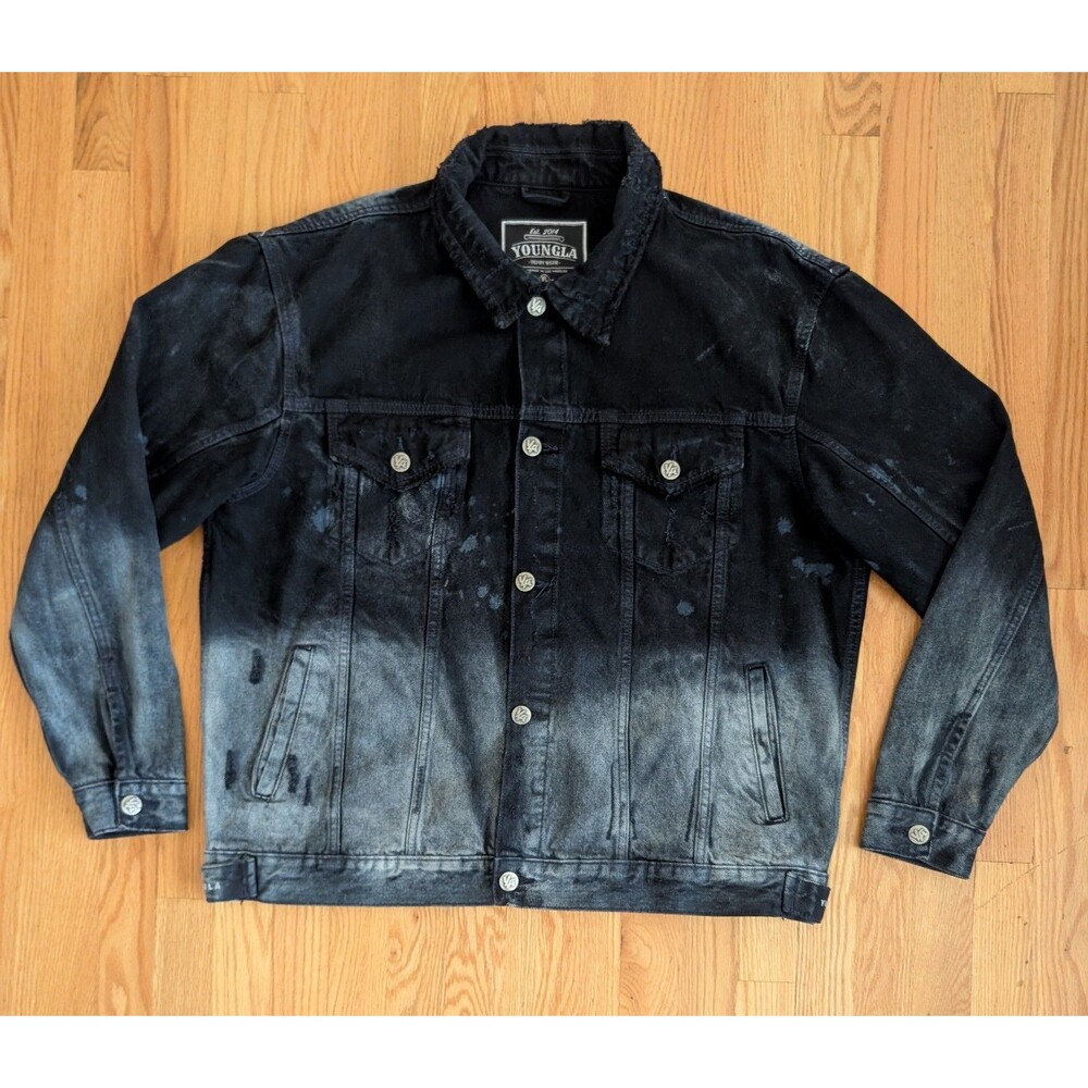YoungLA Jacket Mens XL Black Denim Bomber Button Front Distressed Fade
